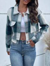 Plaid Button Up Drop Shoulder Cropped Jacket - V.I.P Digital Presence