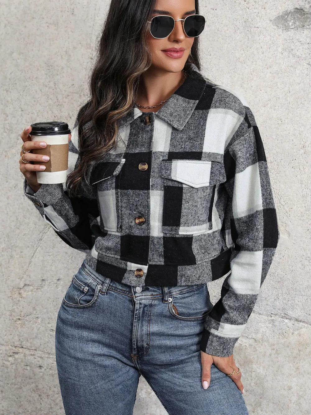 Plaid Button Up Drop Shoulder Cropped Jacket - V.I.P Digital Presence