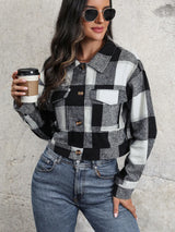 Plaid Button Up Drop Shoulder Cropped Jacket - V.I.P Digital Presence
