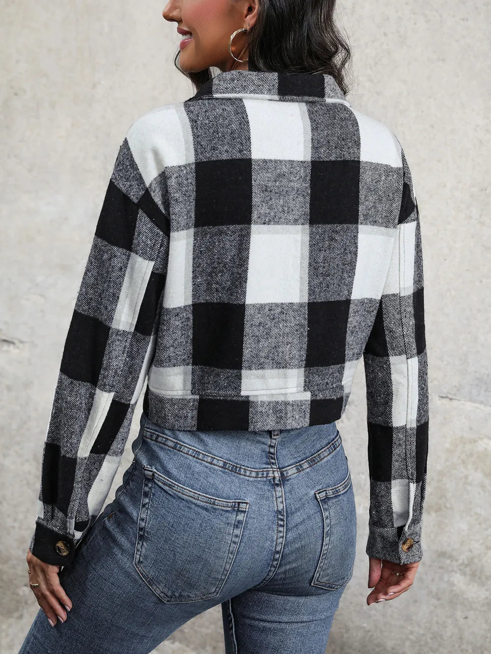 Plaid Button Up Drop Shoulder Cropped Jacket - V.I.P Digital Presence