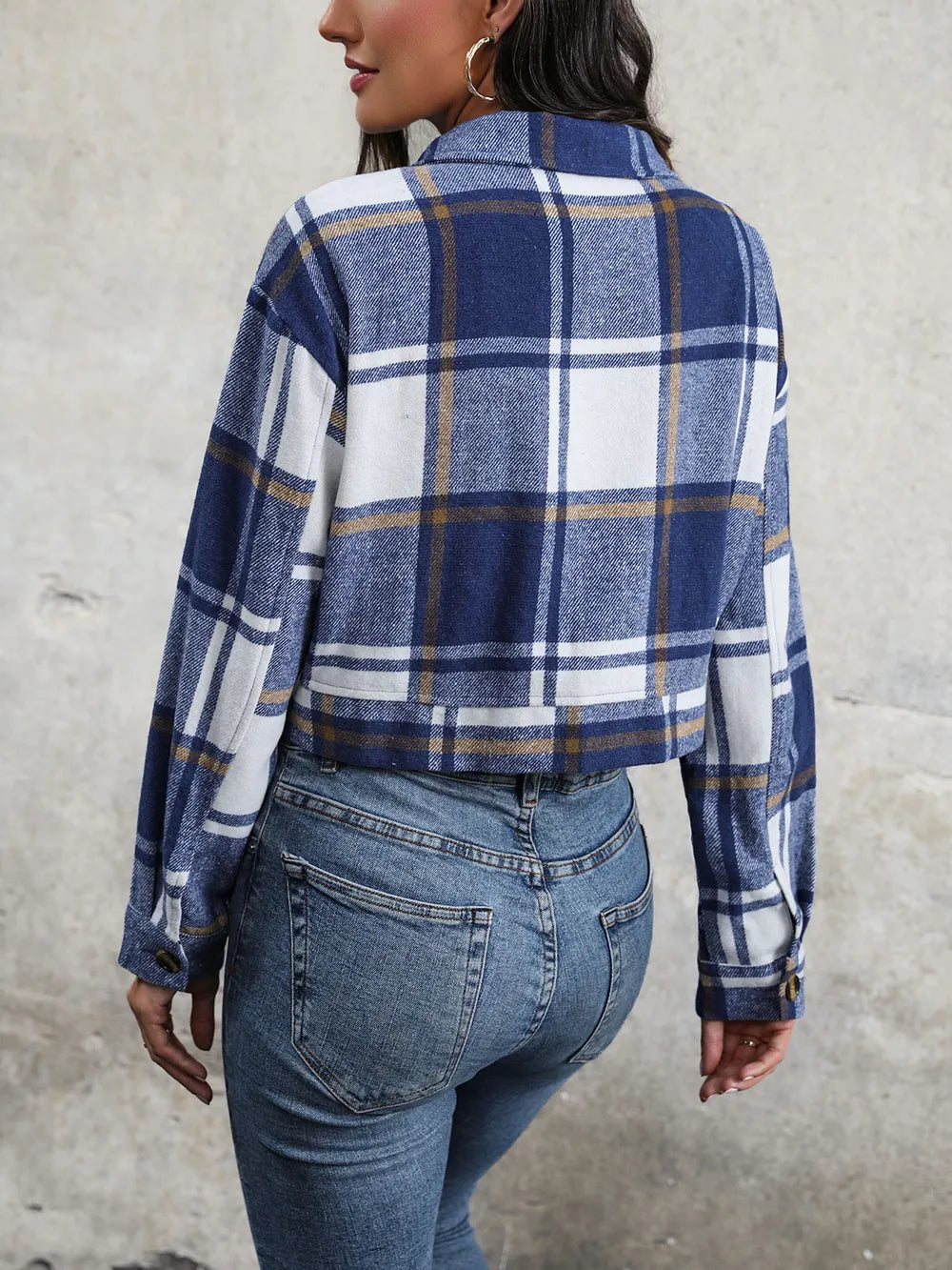 Plaid Button Up Drop Shoulder Cropped Jacket - V.I.P Digital Presence