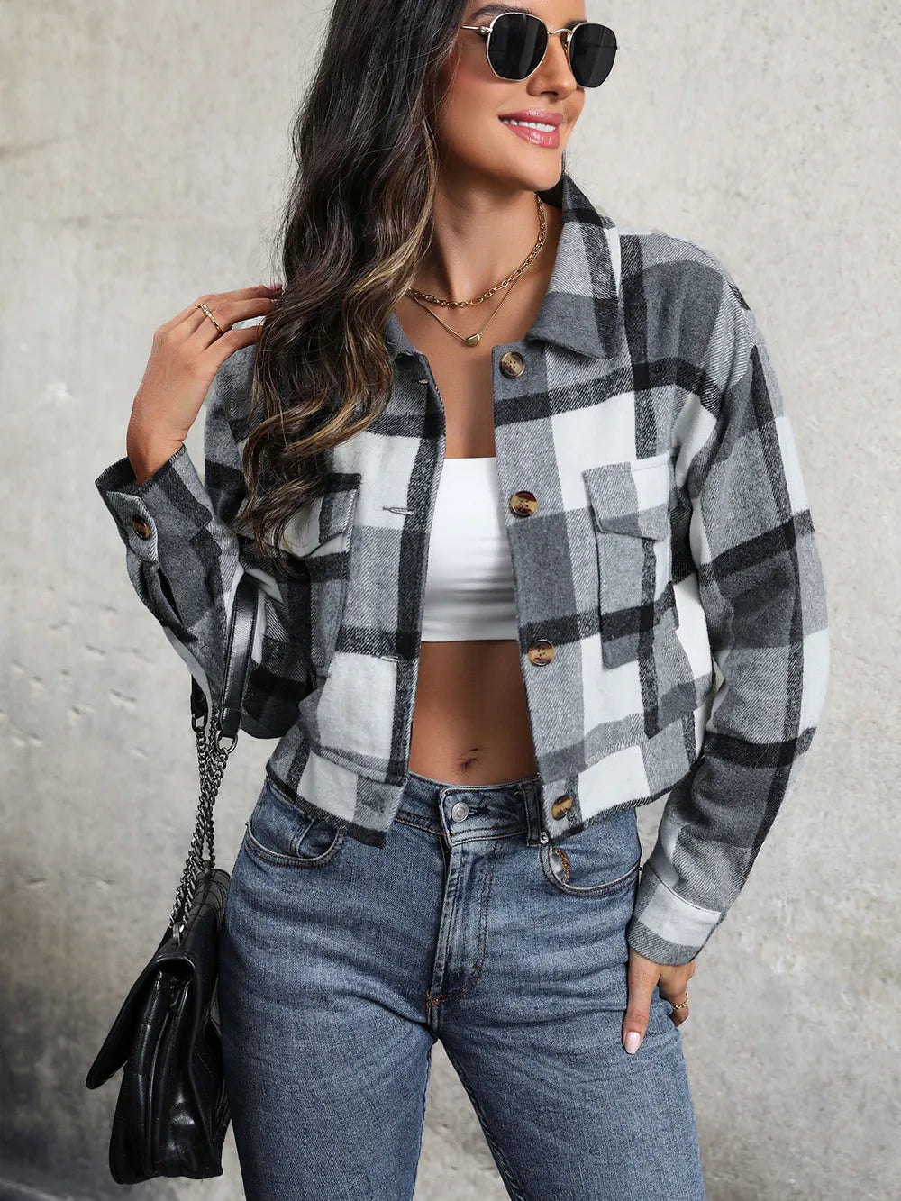 Plaid Button Up Drop Shoulder Cropped Jacket - V.I.P Digital Presence