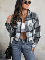Plaid Button Up Drop Shoulder Cropped Jacket - V.I.P Digital Presence