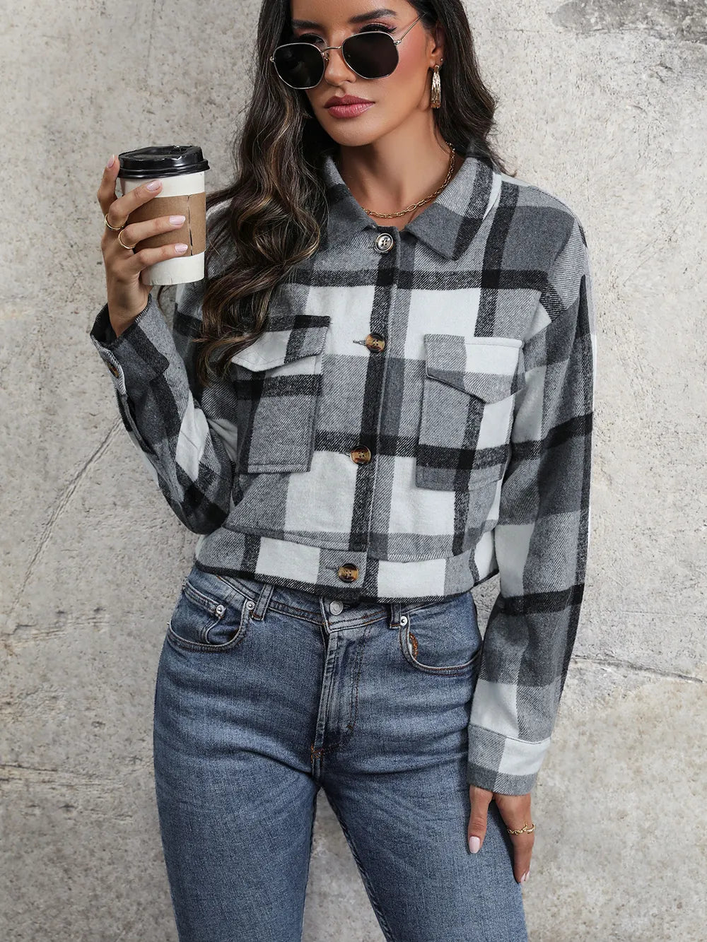 Plaid Button Up Drop Shoulder Cropped Jacket - V.I.P Digital Presence