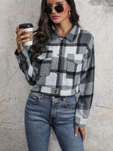 Plaid Button Up Drop Shoulder Cropped Jacket - V.I.P Digital Presence