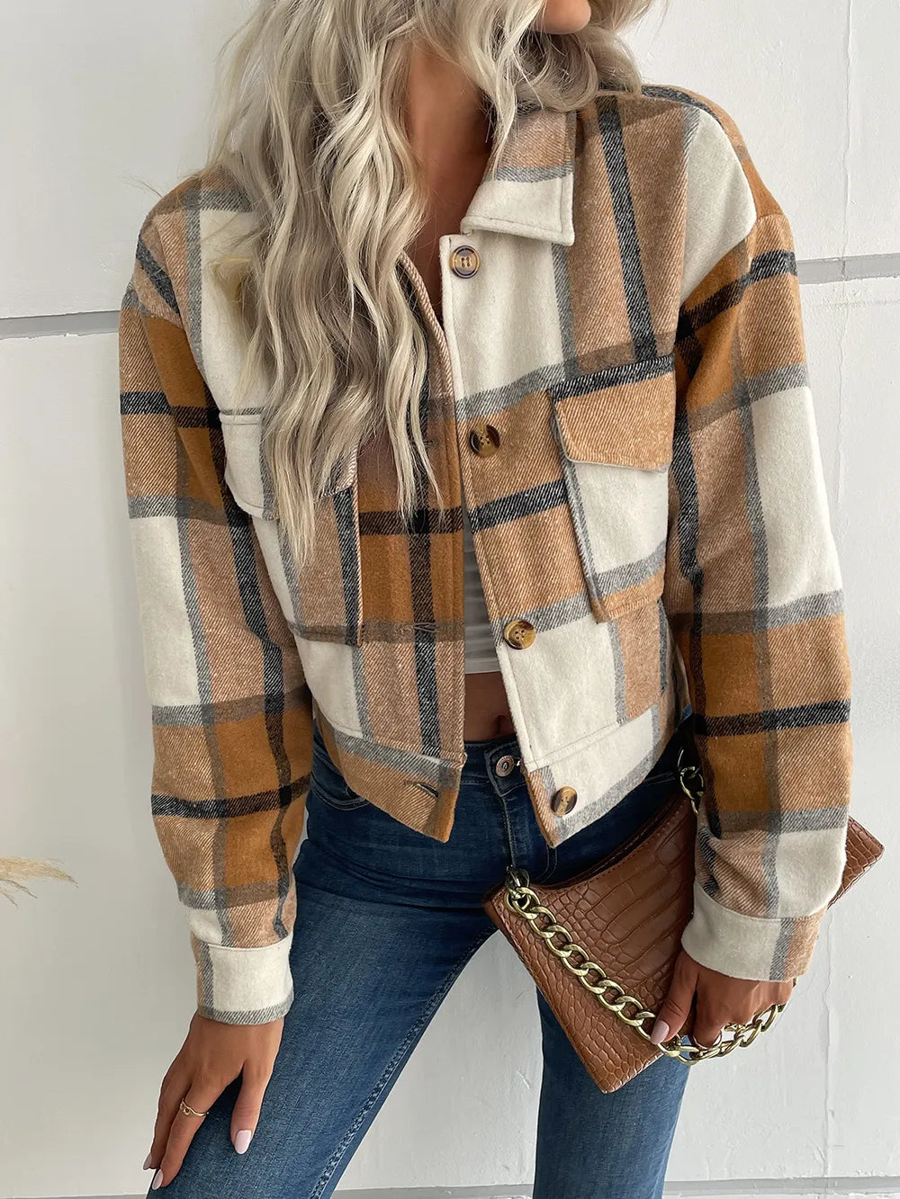Plaid Button Up Drop Shoulder Cropped Jacket - V.I.P Digital Presence