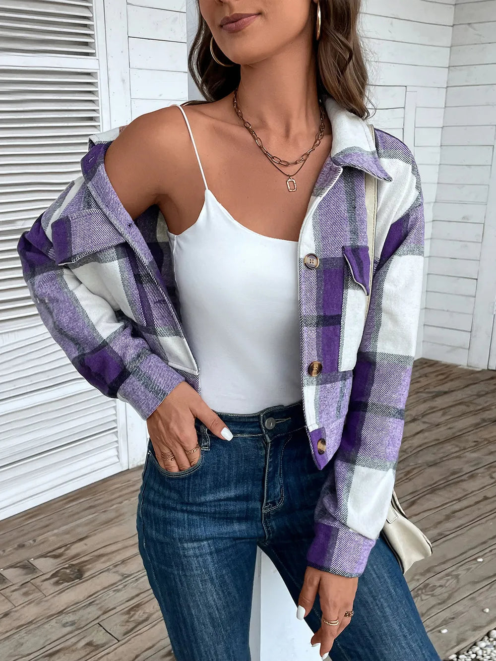 Plaid Button Up Drop Shoulder Cropped Jacket - V.I.P Digital Presence