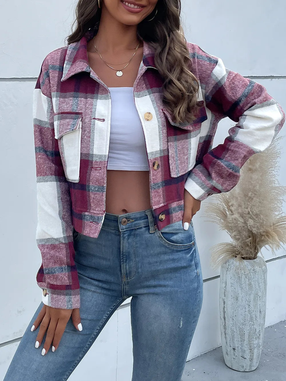 Plaid Button Up Drop Shoulder Cropped Jacket - V.I.P Digital Presence