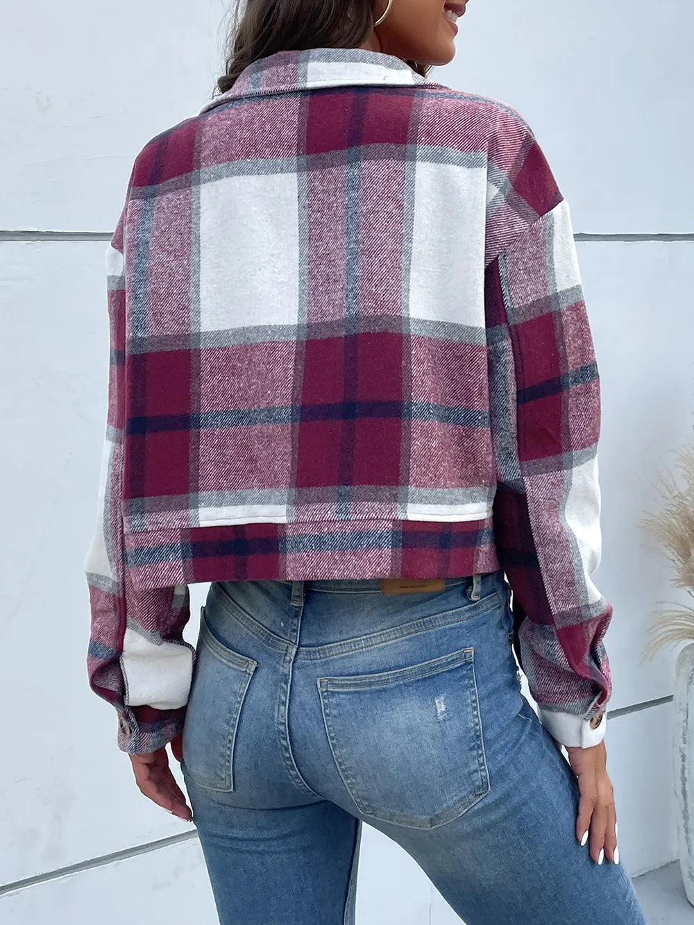 Plaid Button Up Drop Shoulder Cropped Jacket - V.I.P Digital Presence