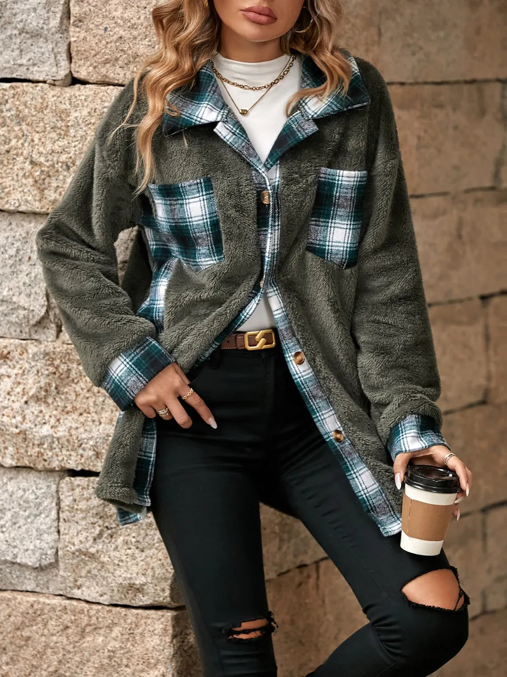Plaid Contrast Dropped Shoulder Coat - V.I.P Digital Presence