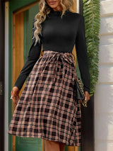 Plaid Mock Neck Long Sleeve Dress - V.I.P Digital Presence