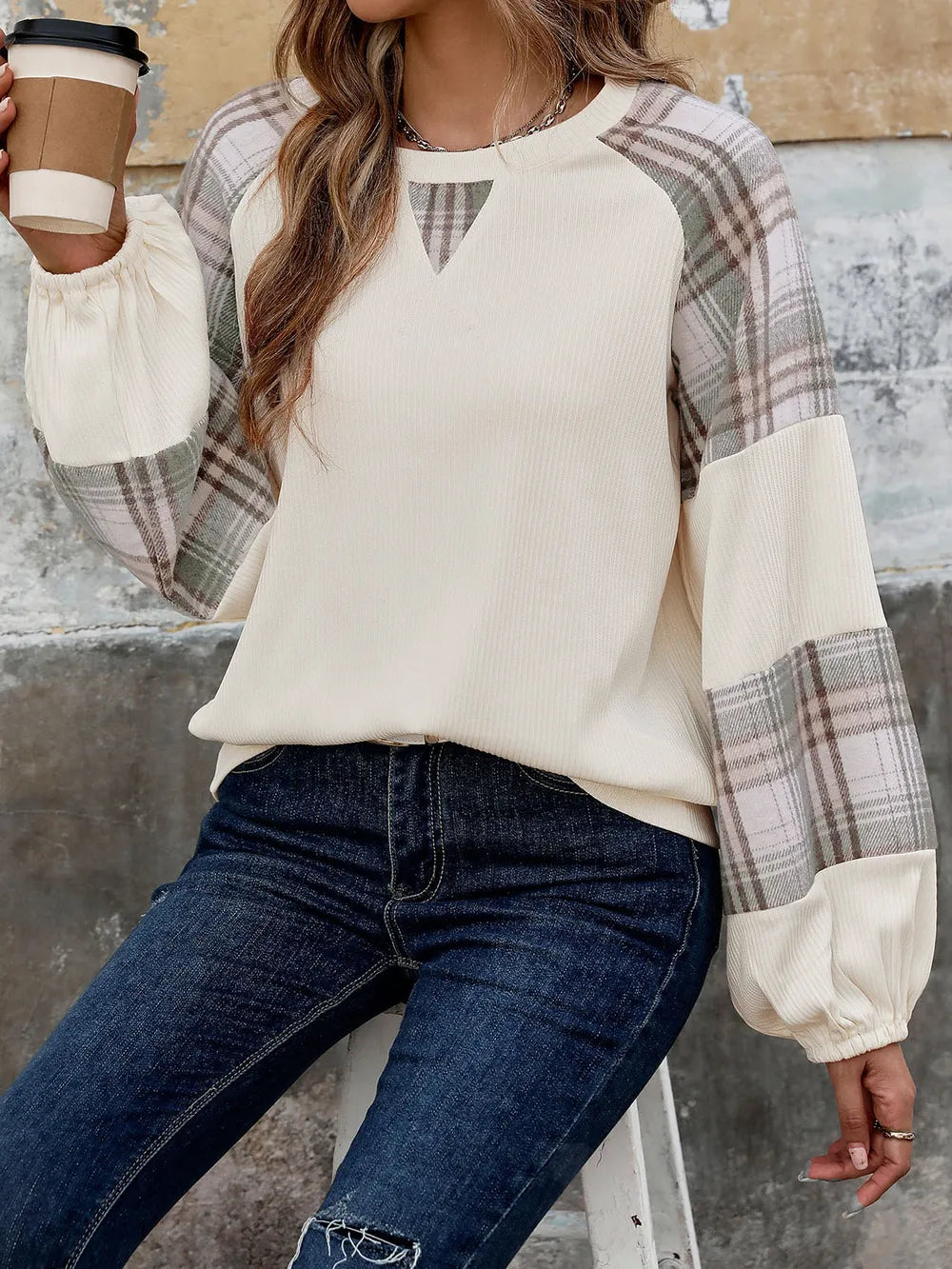 Plaid Round Neck Long Sleeve Sweatshirt - V.I.P Digital Presence