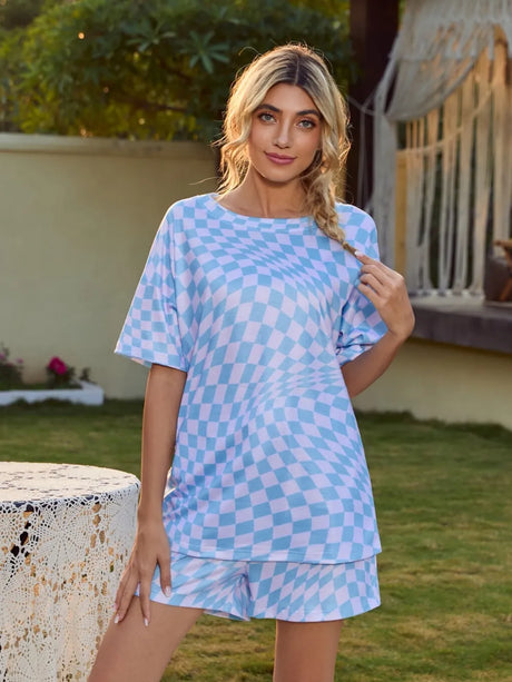 Plaid Round Neck Top and Shorts Lounge Set - V.I.P Digital Presence