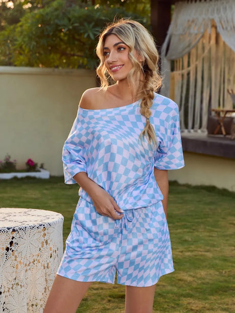 Plaid Round Neck Top and Shorts Lounge Set - V.I.P Digital Presence