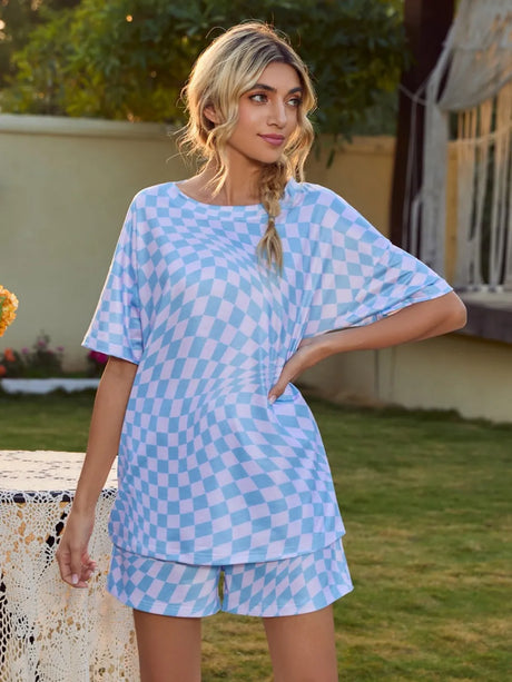 Plaid Round Neck Top and Shorts Lounge Set - V.I.P Digital Presence