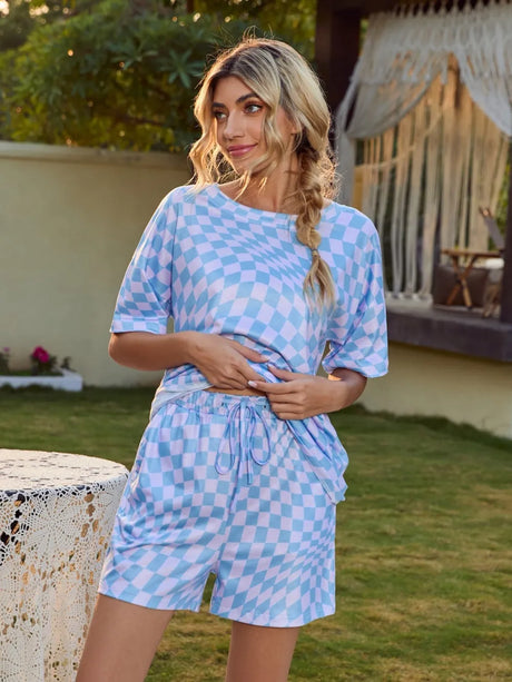 Plaid Round Neck Top and Shorts Lounge Set - V.I.P Digital Presence