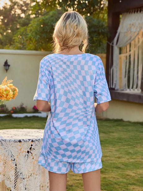 Plaid Round Neck Top and Shorts Lounge Set - V.I.P Digital Presence