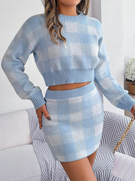 Plaid Round Neck Top and Skirt Sweater Set - V.I.P Digital Presence