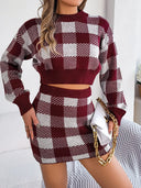 Plaid Round Neck Top and Skirt Sweater Set - V.I.P Digital Presence