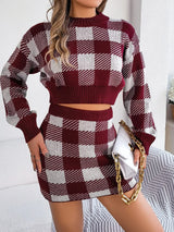 Plaid Round Neck Top and Skirt Sweater Set - V.I.P Digital Presence