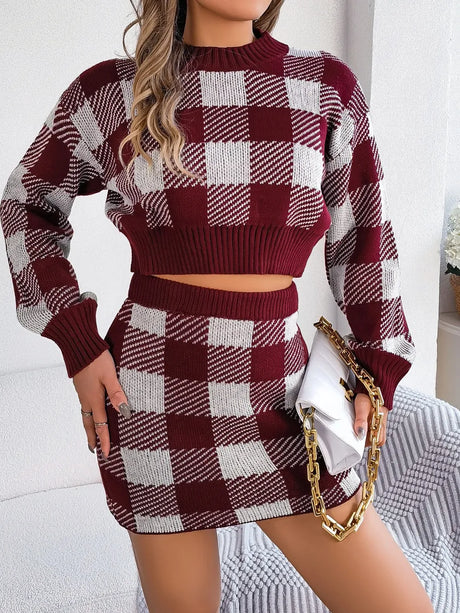 Plaid Round Neck Top and Skirt Sweater Set - V.I.P Digital Presence