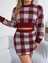 Plaid Round Neck Top and Skirt Sweater Set - V.I.P Digital Presence