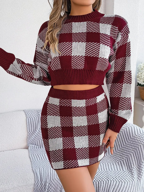 Plaid Round Neck Top and Skirt Sweater Set - V.I.P Digital Presence