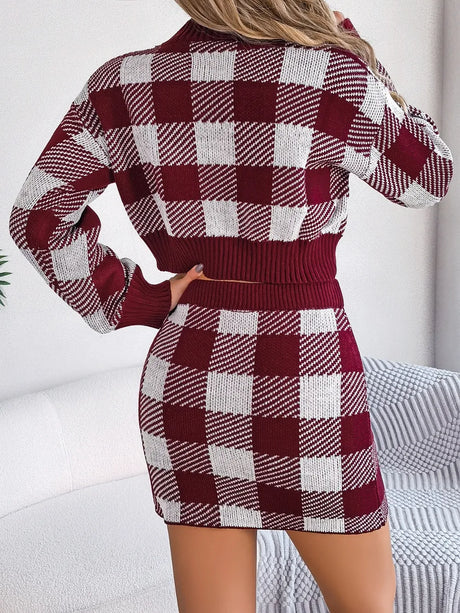 Plaid Round Neck Top and Skirt Sweater Set - V.I.P Digital Presence