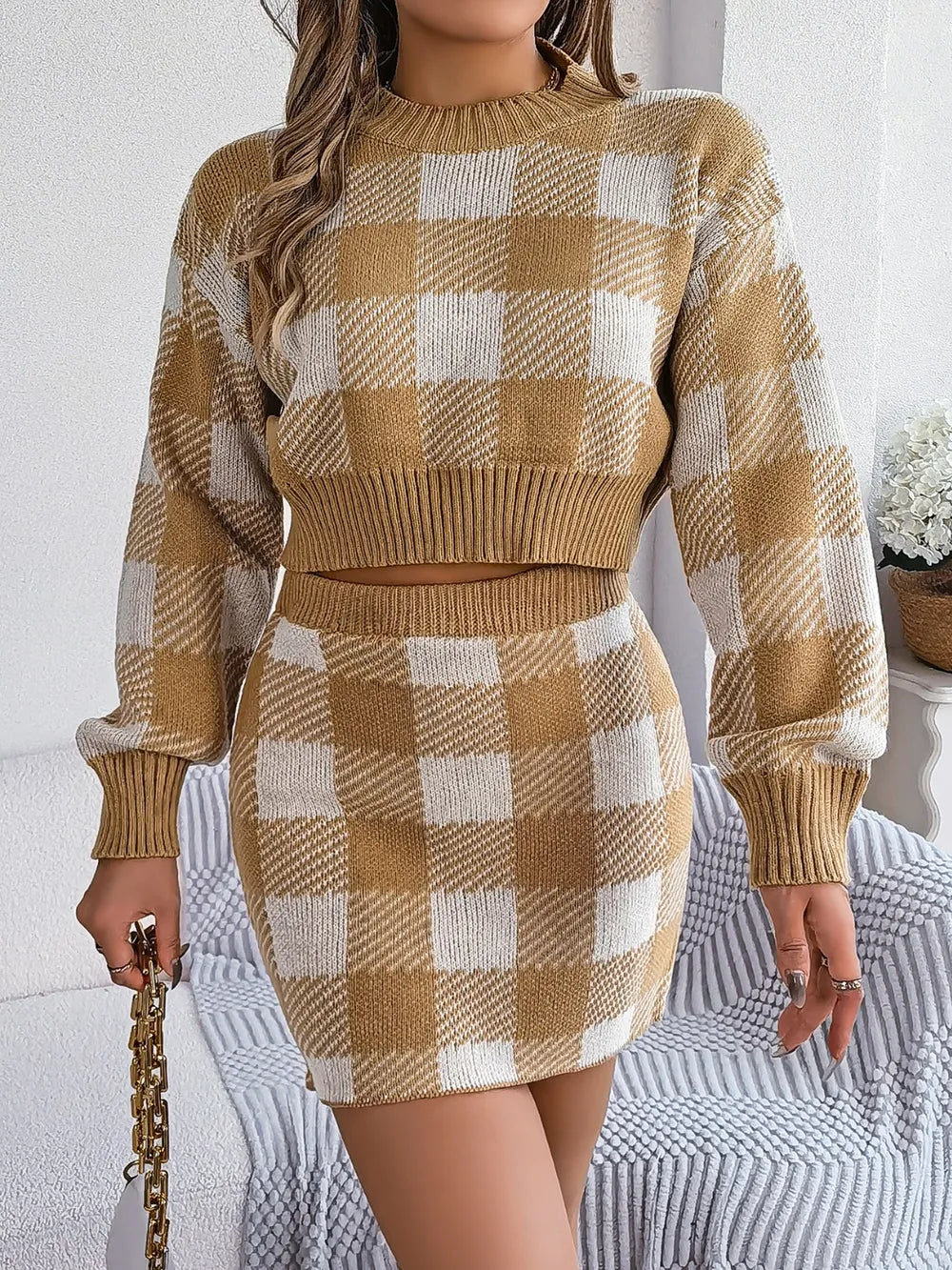 Plaid Round Neck Top and Skirt Sweater Set - V.I.P Digital Presence