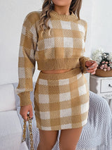 Plaid Round Neck Top and Skirt Sweater Set - V.I.P Digital Presence