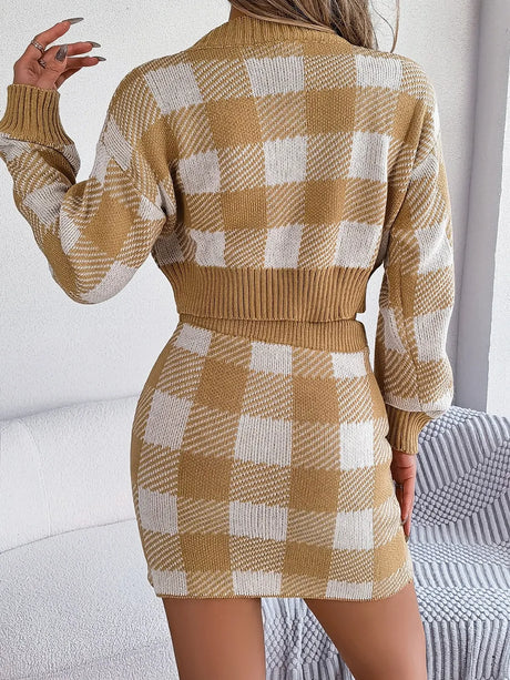 Plaid Round Neck Top and Skirt Sweater Set - V.I.P Digital Presence