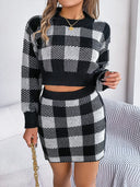 Plaid Round Neck Top and Skirt Sweater Set - V.I.P Digital Presence