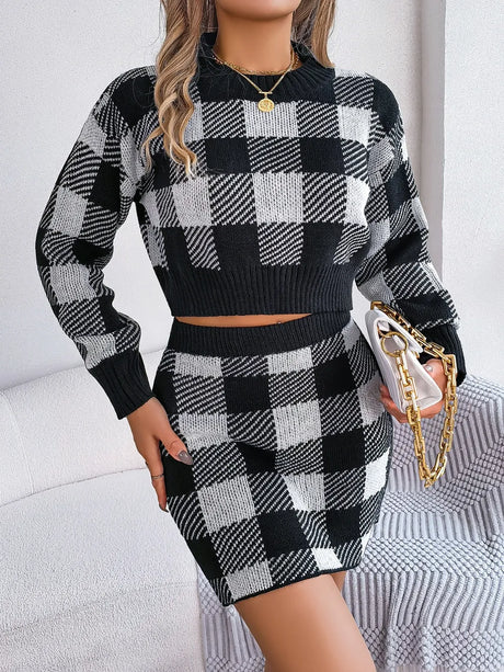 Plaid Round Neck Top and Skirt Sweater Set - V.I.P Digital Presence