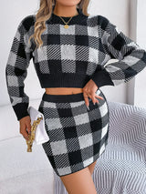 Plaid Round Neck Top and Skirt Sweater Set - V.I.P Digital Presence