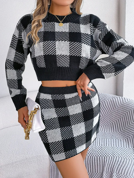 Plaid Round Neck Top and Skirt Sweater Set - V.I.P Digital Presence