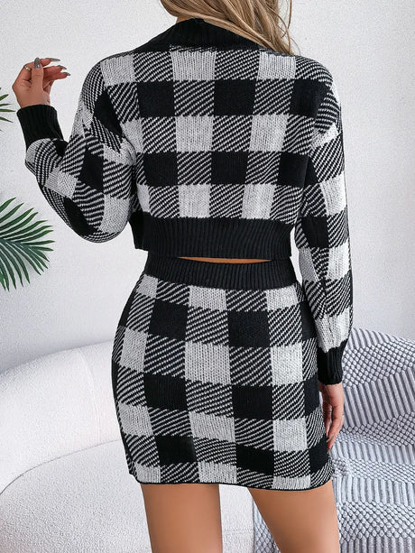 Plaid Round Neck Top and Skirt Sweater Set - V.I.P Digital Presence