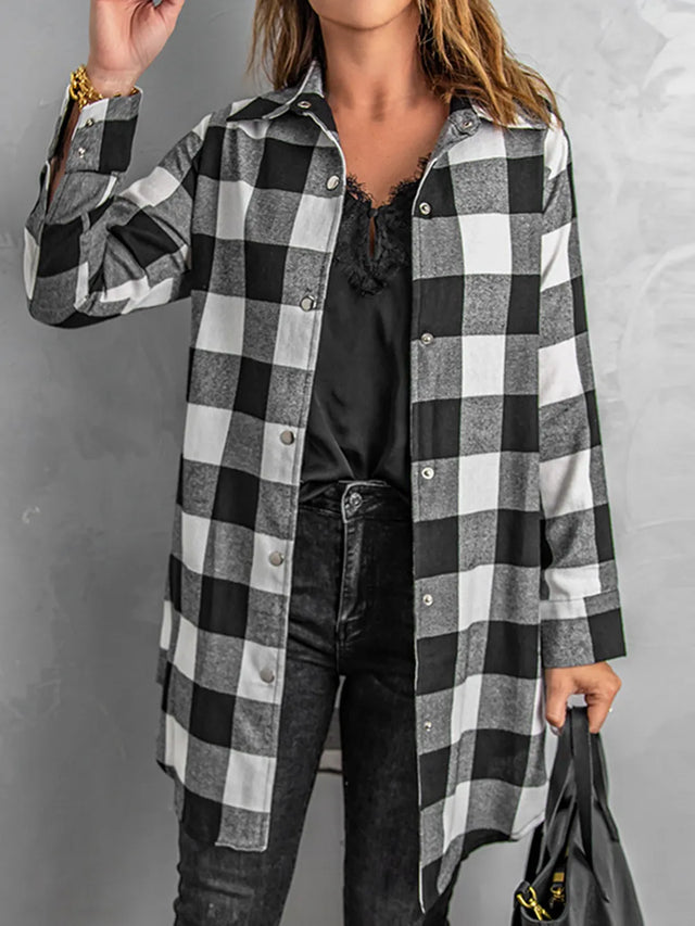 Plaid Snap Down Long Sleeve Jacket - V.I.P Digital Presence