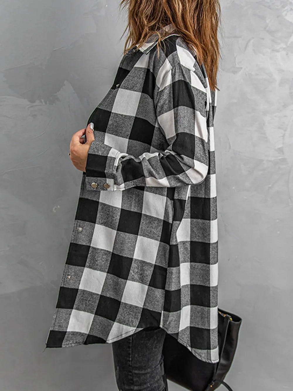 Plaid Snap Down Long Sleeve Jacket - V.I.P Digital Presence