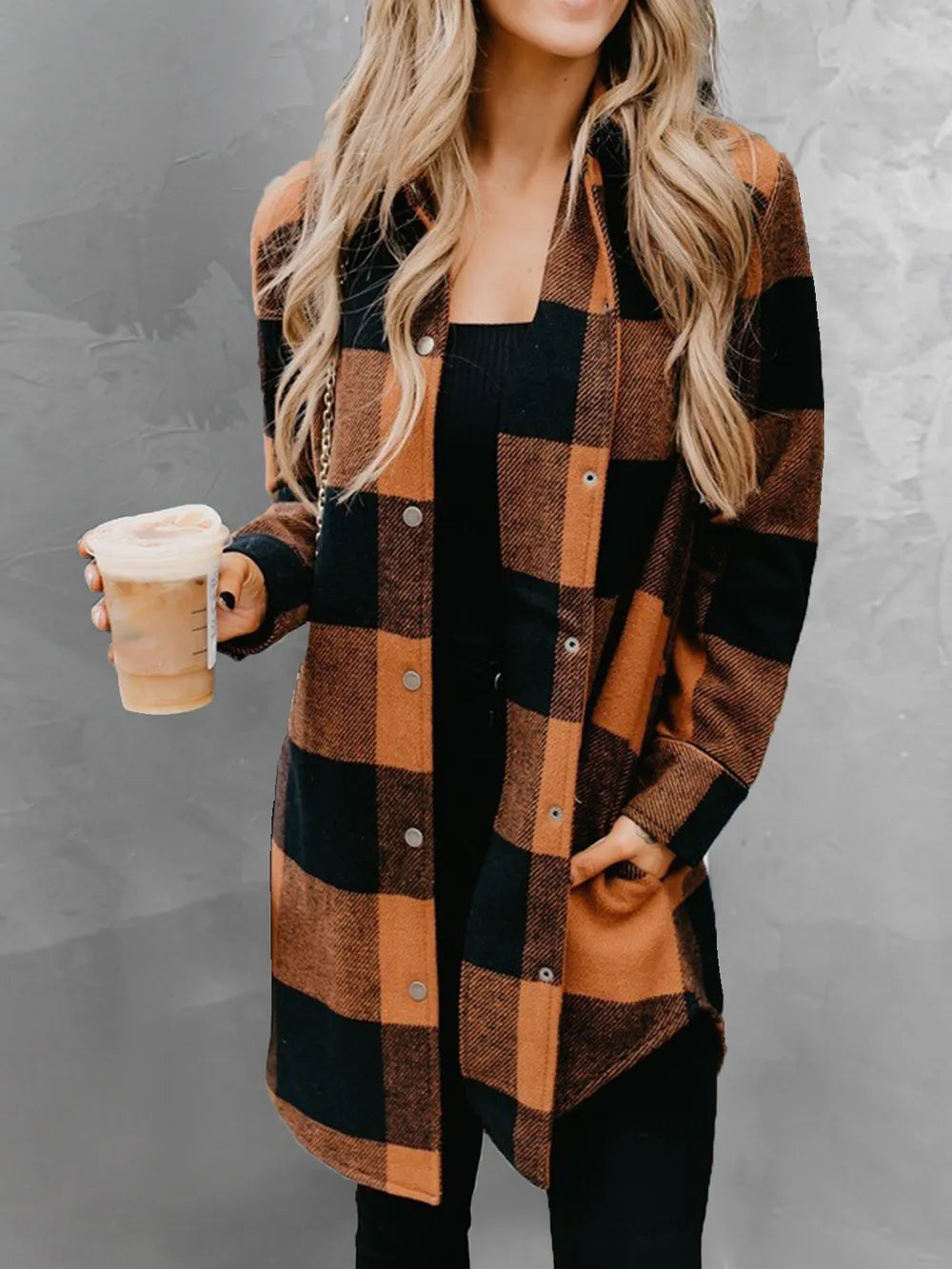 Plaid Snap Down Long Sleeve Jacket - V.I.P Digital Presence
