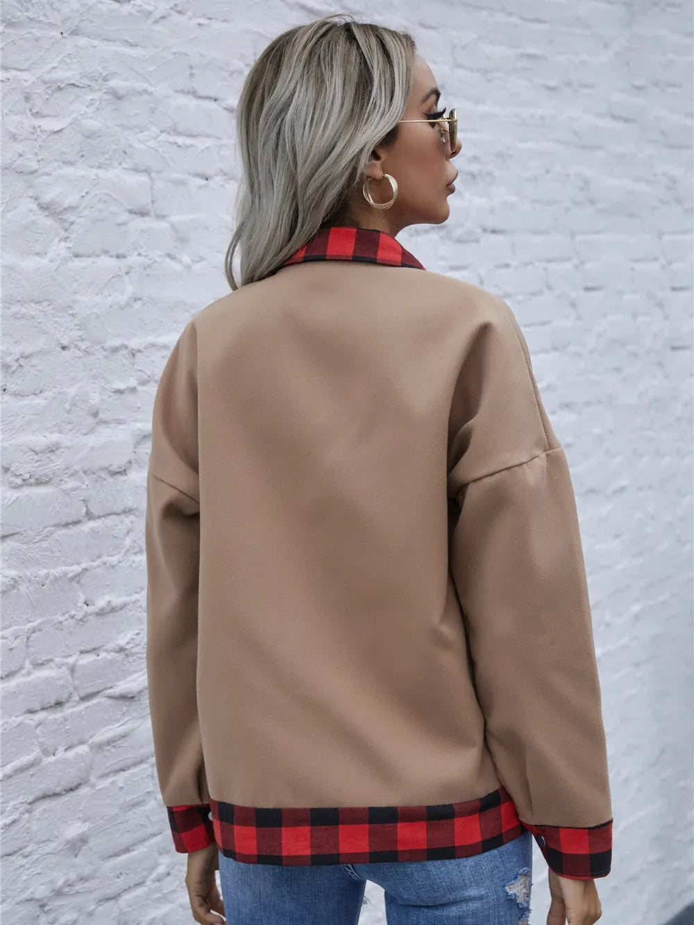 Plaid Trim Long Sleeve Jacket - V.I.P Digital Presence