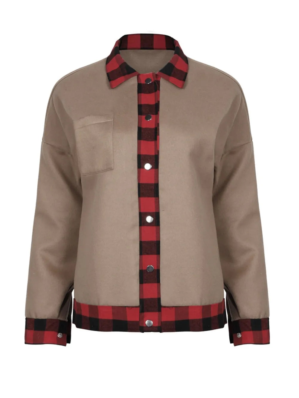 Plaid Trim Long Sleeve Jacket - V.I.P Digital Presence