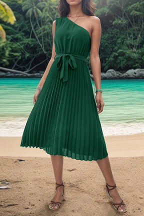 Pleated Single Shoulder Tie Waist Midi Dress - V.I.P Digital Presence