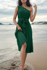 Pleated Single Shoulder Tie Waist Midi Dress - V.I.P Digital Presence