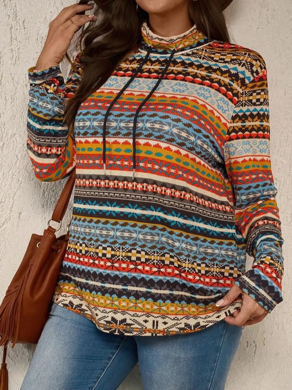 Plus Size Drawstring Printed Mock Neck Long Sleeve Top - V.I.P Digital Presence