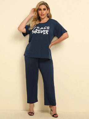 Plus Size PEACE FOREVER Short Sleeve Top and Pants Set - V.I.P Digital Presence