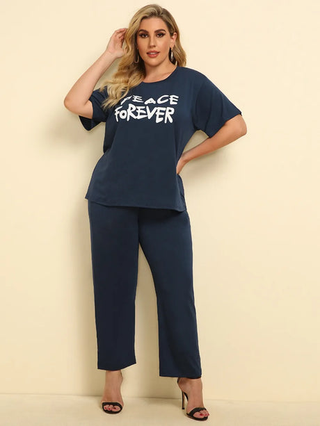 Plus Size PEACE FOREVER Short Sleeve Top and Pants Set - V.I.P Digital Presence