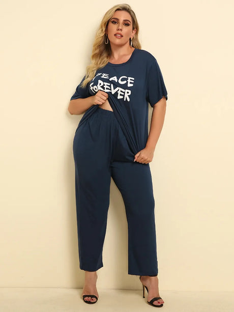 Plus Size PEACE FOREVER Short Sleeve Top and Pants Set - V.I.P Digital Presence