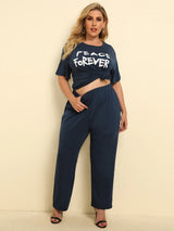 Plus Size PEACE FOREVER Short Sleeve Top and Pants Set - V.I.P Digital Presence