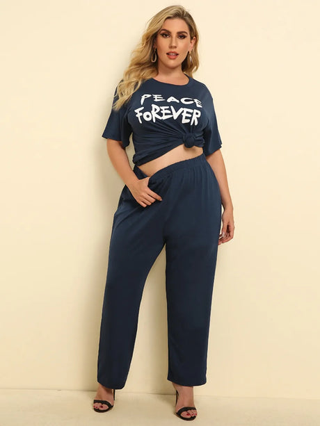 Plus Size PEACE FOREVER Short Sleeve Top and Pants Set - V.I.P Digital Presence