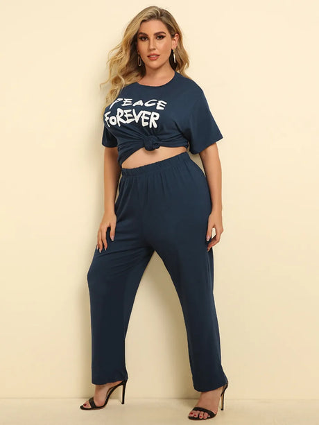 Plus Size PEACE FOREVER Short Sleeve Top and Pants Set - V.I.P Digital Presence